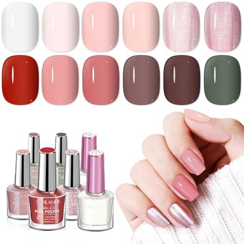 Image of SAVILAND Pink Nail Polish Set: Burgundy Dark Red White Pearl Quick Dry Nail Polish Regular Kit with Castor Oil Base and Top Coat Nail Lacquer Set DIY Art at Home Gift 12 Colors 14 Pcs