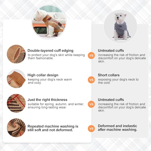 Image of BEAUTYZOO Small Dog Sweater, Plaid Knit Winter Clothes with Harness Hole | Turtleneck Pullover Fall Knitwear for Girl Boy Puppy, Fuzzy Fleece Cold Weather Coat Female Male, Warm Sweatshirt, Khaki SM