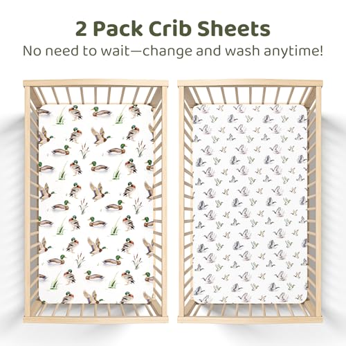 Image of Baby Crib Sheets for Boys 2 Pack, Toddler Bed Sheets Neutral, Extra Breathable, Soft, Stretchy Microfiber, 28 inchx 52 inch Fitted Sheet for Standard Crib & Toddler Mattress, Mallard Duck Baby Stuff