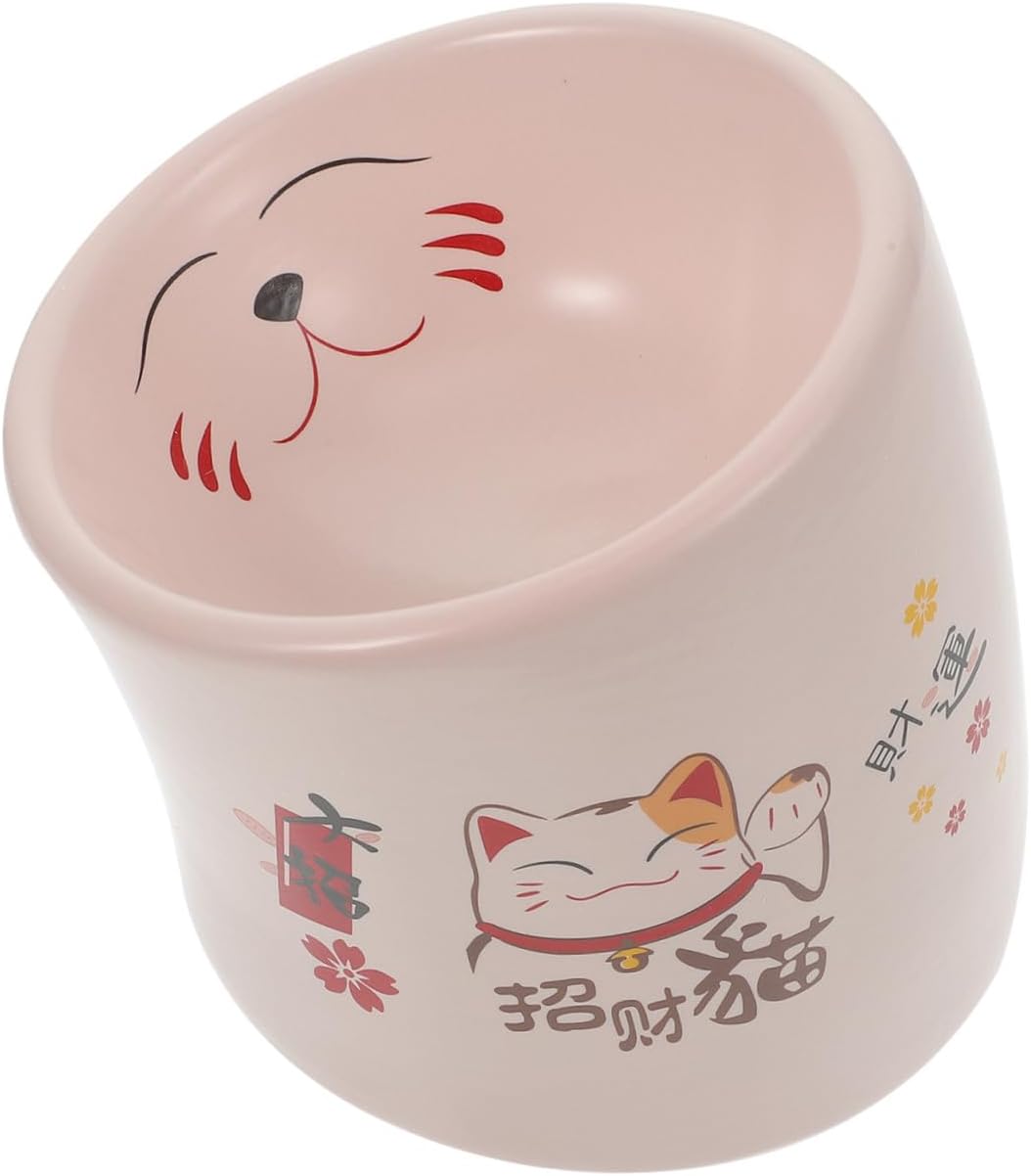 Elevated Ceramic Cat Bowl Anti-Spill Pet Drinking Feeder with Neck Protection for Kittens and Small Cats, Pink Non-Slip Food and Water Dish