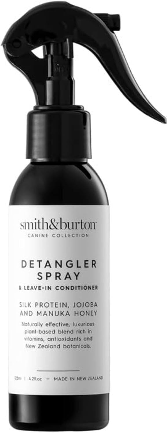 smith&burton Dog & Cat Detangler Spray, Leave-in Conditioner to Remove Mats, Knots & Tangles, with Silk Protein, Jojoba, Restores Lustre, Alleviates Dry Coat, Non-Sticky Coat Care, 4.2 Fl oz