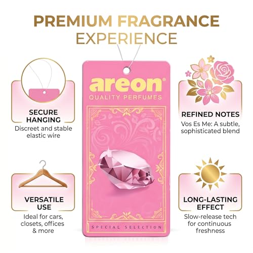 Image of AREON Luxury Vos Es Me SS019 Car Hanging Air Freshener - Premium Hanging Car Freshener, Long Lasting Car Fragrance, Stylish Vehicle Air Freshener for Interior Odor Control - (Pack of 3)