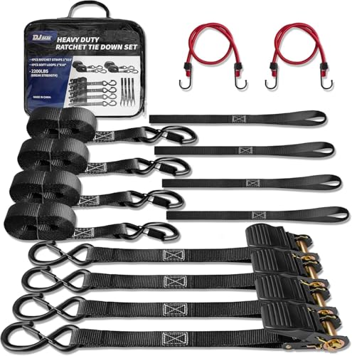 Heavy Duty 1' x 15' Ratchet Straps (4 Pack) - 2200 lb Break Strength, with Soft Loops, Coated S-Hooks & Waterproof Carry Bag for Truck, Trailer, Motorcycle, ATV, UTV, Boat, Car Accessories (Black)