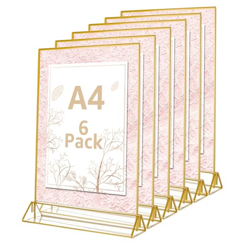 YAYODS 6 Pack A4 Acrylic Sign Holder, Double Sided A4 Display Stands with Gold Borders, Poster Menu Holders Stand for Tables, Perspex Display Stands for Office Restaurant Wedding