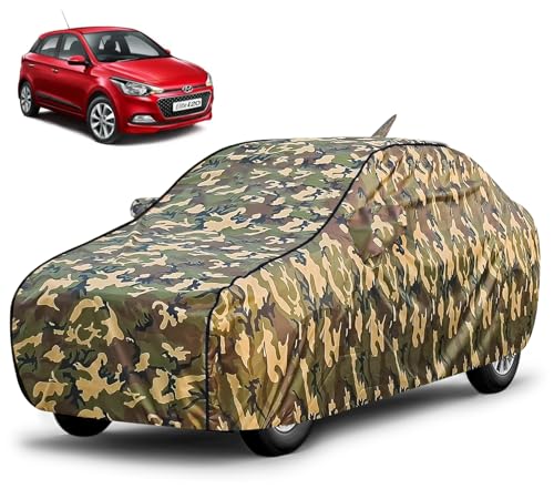 Image of FABTEC Waterproof Car Body Cover for Hyundai Elite i20 with Mirror and Antenna Pocket, Triple Stitched (Military, Jungle Print, Camouflage Design)