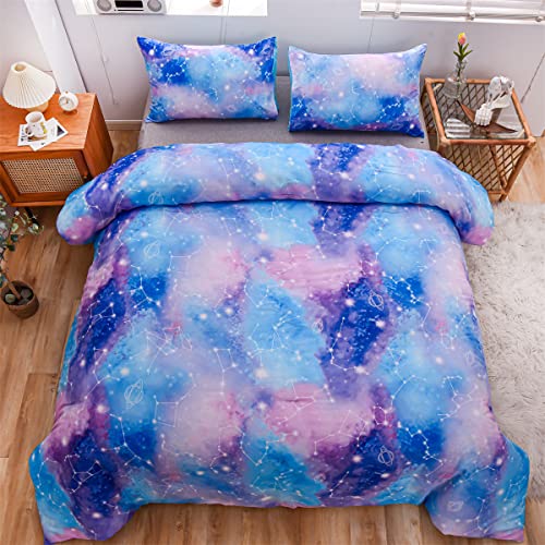 Holawakaka Tie Dye Constellation Print Ombre Comforter Set Twin Size Girls Boys Gradient Galaxy Bedding Set ( Blue Purple, Twin)