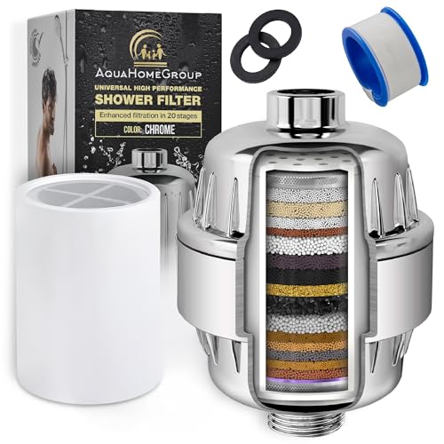 AquaHomeGroup 20 Stage Shower Head Filter with Vitamin C E A - High Output Filter to Reduce Chlorine and Fluoride - 2 Cartridges Included - Consistent Flow Showerhead Filters