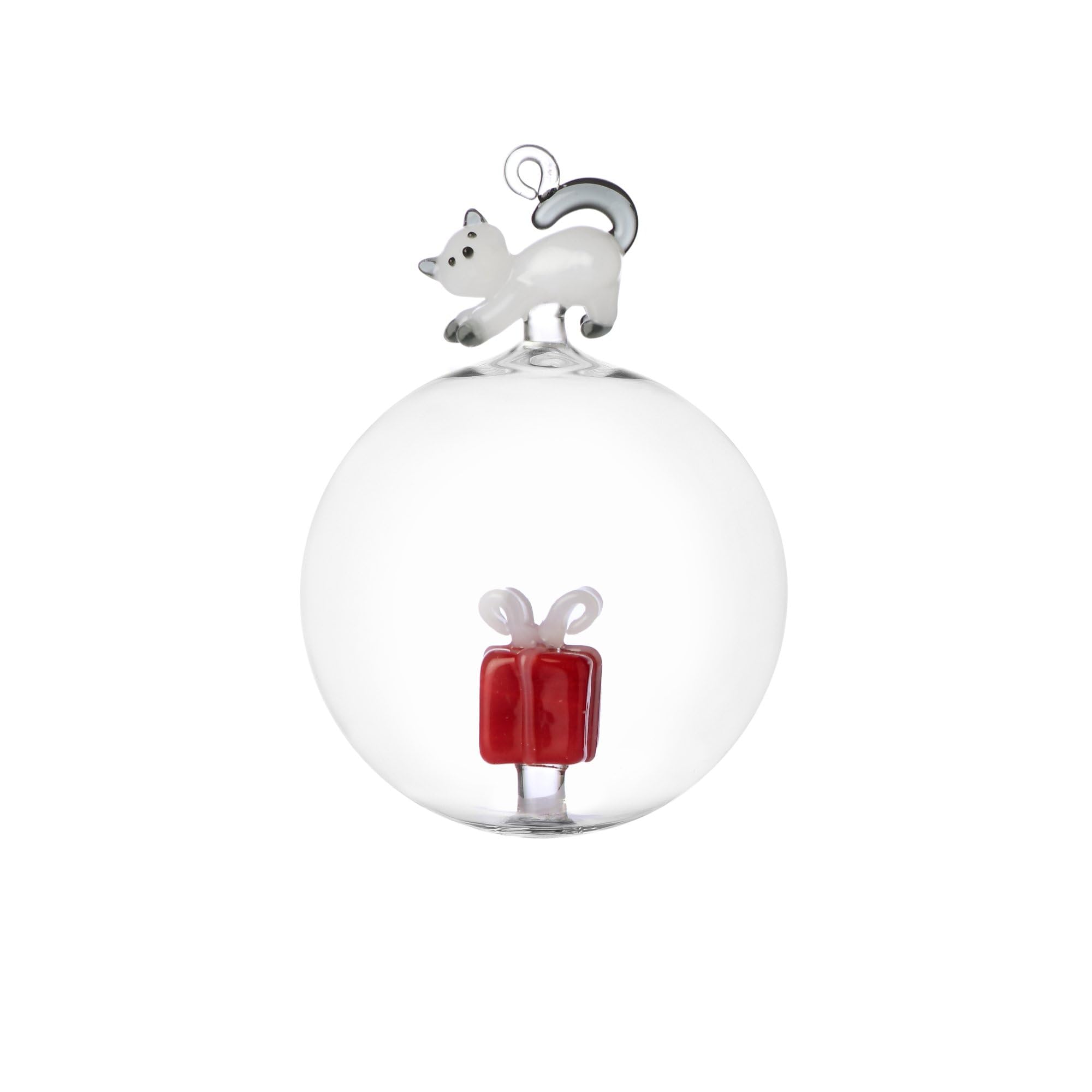 Ichendorf Tabby Cat Christmas Edition Pallina di Natale Pacco Regalo e Gatto 11cm Vetro Borosilicato