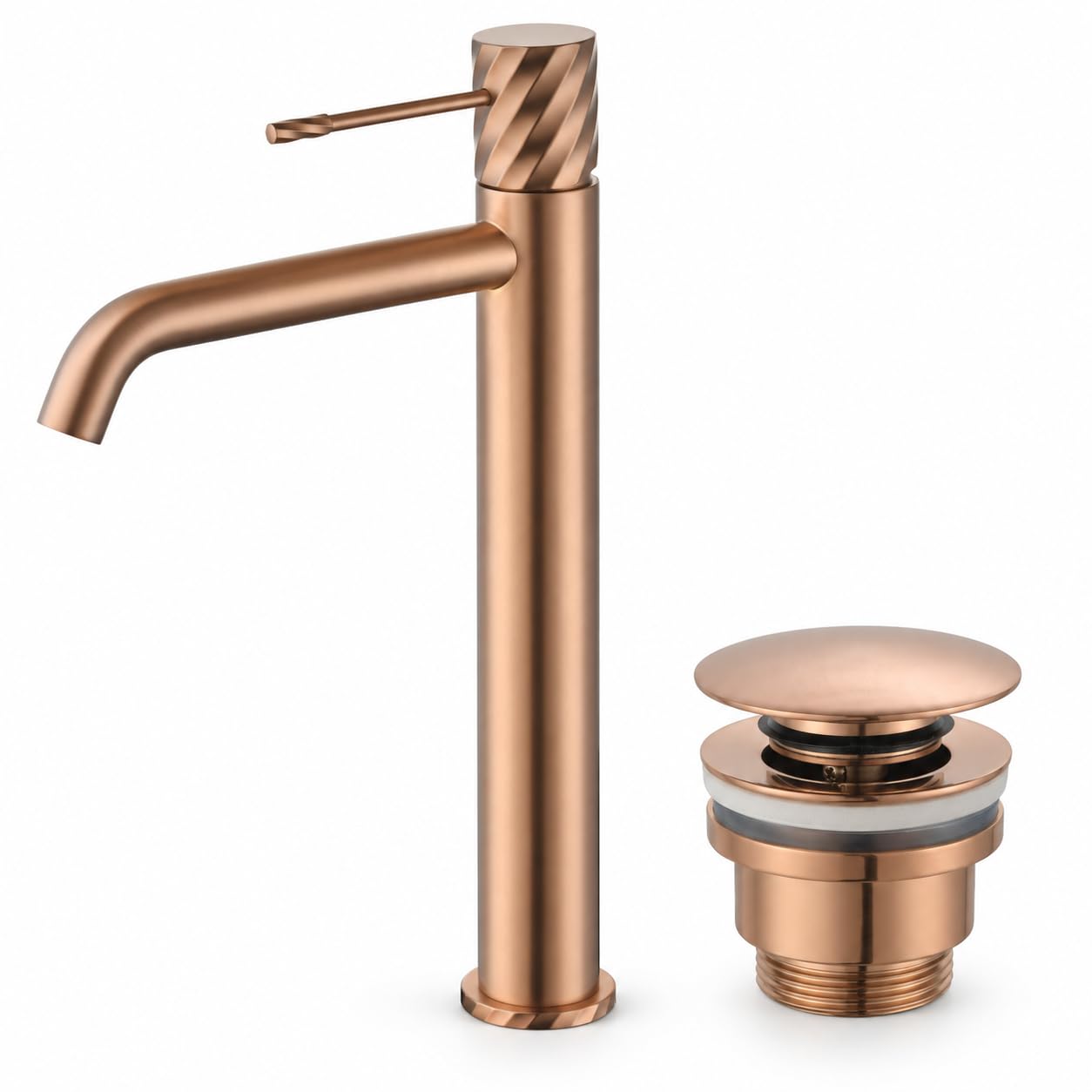 IMEX - Grifo Lavabo Alto Monomando - Oro Rosa Cepillado PVD - Cobrizo - Grifo de Baño para Lavabo Sobre Encimera y Sobreponer, Cuerpo de Latón, Caño Alto, Válvula de Desagüe Incluida