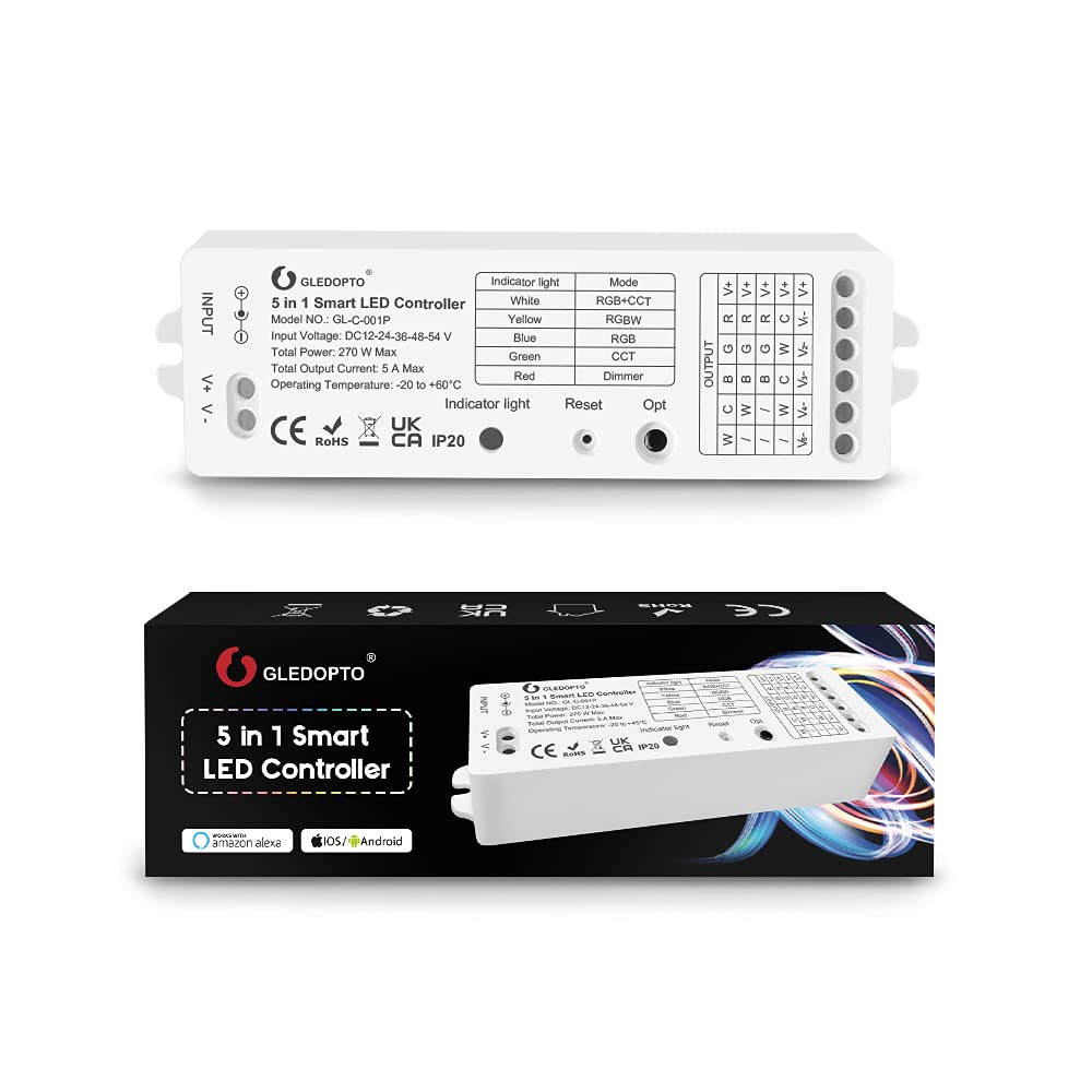 GLEDOPTO LED ZigBee Control Unit for LED Stripe Plain CCT Ciepły White Cool White RGBW or RGBWW and RGB+CCT WRGBWW Compatible withHue*, Alexa Echo, SmartThings (5 w 1 kontroler)