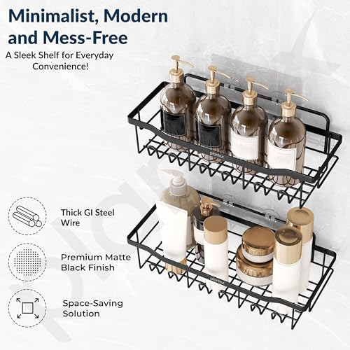 Image of Plantex Self Adhesive Bathroom Shelf /Wall Mounted Bathroom Shelves & Accessories /Organizer for Kitchen /Drill Free Racks-Stands-Holders /GI Steel Shelf for Wall-Pack of 2-(Black)