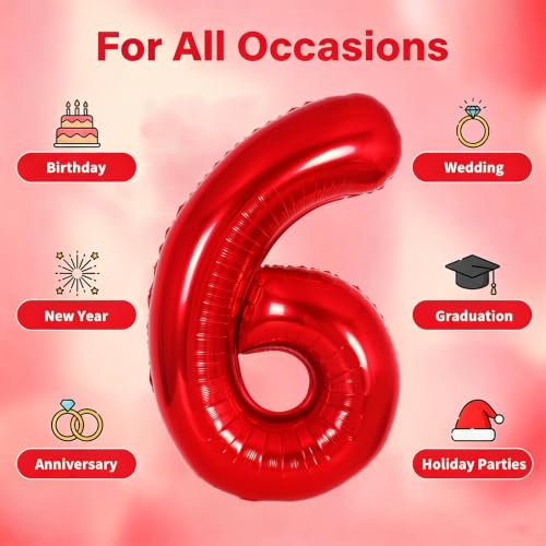 Image of Number Balloons Red Party Balloon - 40 Inch Large Number 6 Balloon, Numbers Balloon Birthday Decorations, Red Party Supplies for Anniversary