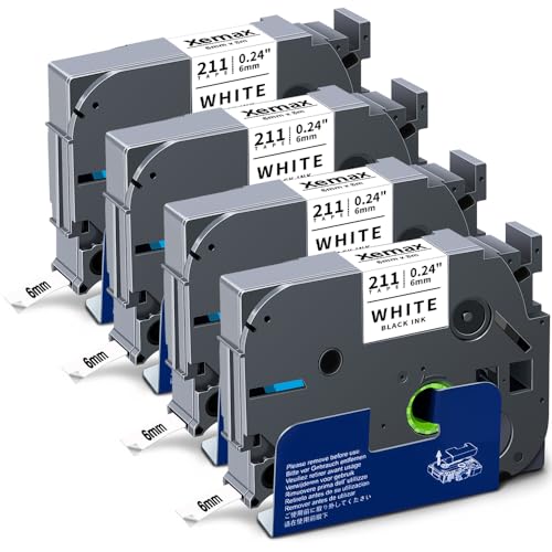 4X XemaX Label Tape Compatible for Brother Label Printer Tape 6mm TZe-211 TZ-211 P-Touch Black on White Tape Cassette for Brother P-Touch Labeller PT-E110 H100R H110 H101C H108 E100 H100LB H105