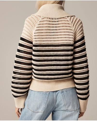 Image of Women's Crochet Stripe Sailor Collar Sweater Hollow Out Long Sleeve Beach Bikini Swimsuit Mesh Cover Up Top