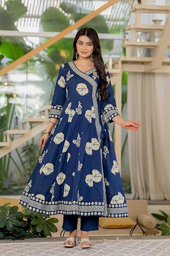Image of Pistaa's Women's Pure Cotton Anarkali Floral Printed Hand Work Kurta with Pant & Dupatta Set