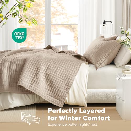 Comfort Spaces Kienna Quilt Set- Double Sided Stitching Design Summer Blanket, Lightweight, Soft, All Season Bedding Layer, Matching Sham, Taupe, Coverlet King (104"x90") 3 Piece