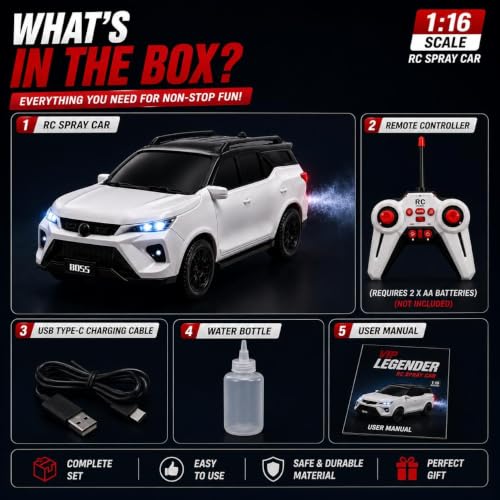 Image of Galaxy Hi-Tech Fortuner Legender Remote Control SUV Toy Car for Kids Rechargeable RC Smoke Car with LED Lights Music USB Charging 2.4GHz Controller, Durable Off-Road Vehicle Gift for Boys & Girls
