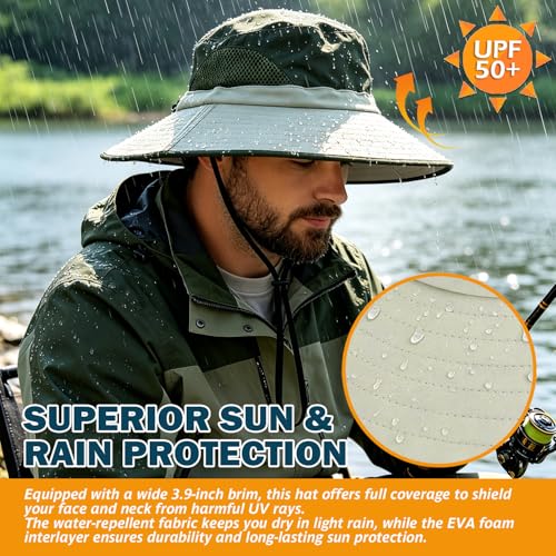 Image of Wide Brim Sun Bucket Hat, Waterproof Boonie Hat for Men & Women | UPF 50+ UV Protection, Adjustable Fit, Chin Strap & Sweatband, Foldable Durable for Fishing Hiking Garden Beach