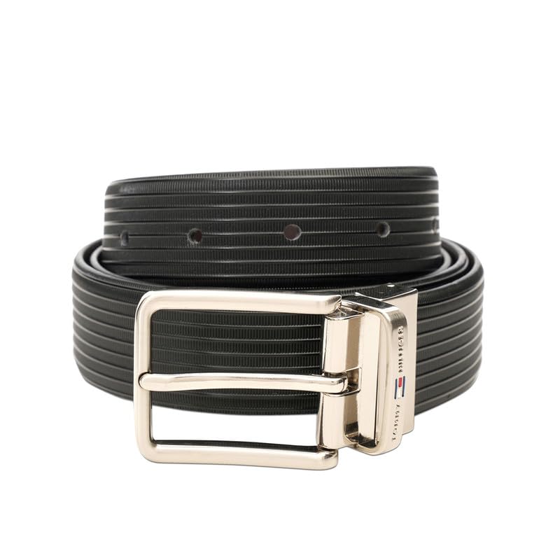 Men's Reversible Belt Ancon | Leather Linear Textured Brushed Nickel Pin Buckle Formal Waist Belt | Size - S 80Cm-image-41