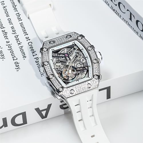 Image of TSAR BOMBA Men's Automatic Watch Tonneau Luxury Skeleton Watches for Men Mechanical 50M Waterproof Analogue Watches Mens Unique Cool Square Big Face Dial Wristwatch with Silicone Strap Band