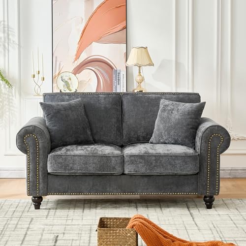 Image of KEIKI 64 inch Oversized Chenille Loveseat Sofa with Rolled Arms and Nailhead Trim, Upholstered Modern Style 2-Seater Couch with High-Density Foam Cushions, Easy Assembly, for Apartment, Living Room, Grey