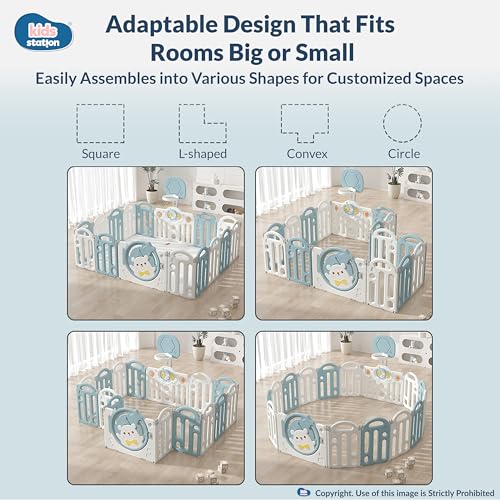 Image of Kids Station Blue Bear Large Playpen with Playmat, Hoop & 20 Balls Included, Safe Play Yard for Infants & Toddlers 180 * 200, Easy Assembly, Anti-Slip Base