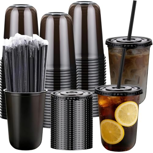 Artuxer 100 Set 16oz Plastic Cups with Lids and Straws PET Disposable Black Clear Round Bottom Iced Coffee Cups with Lids To Go Cups for Cold Drinks Iced Coffee Smoothie Milkshake Party Supplies