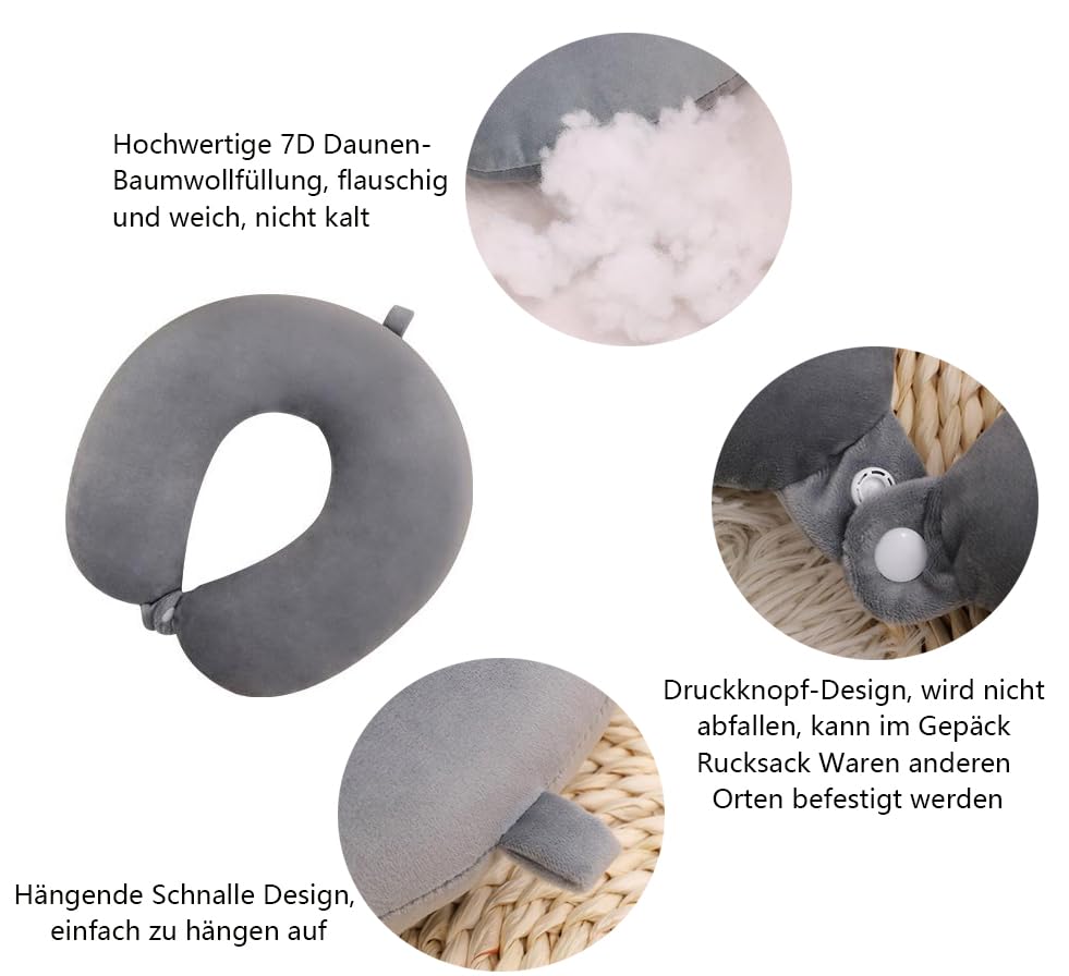 Cuscino Da Viaggio Per Collo In Cotone - Morbido, Pieghevole, Per Aereo, Auto, Treno, Grigio, Con Custodia - Foto 12