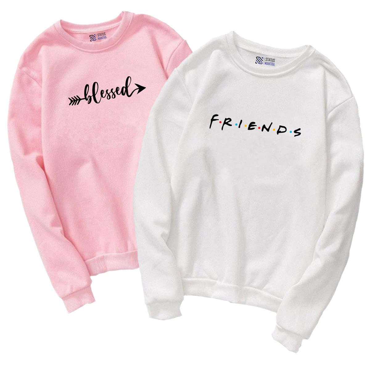 status apparels Women's Cotton Round Neck Regular Sweatshirt (W-SS-Bless-PK/Friend-WH-M_Pink-White-picture-26