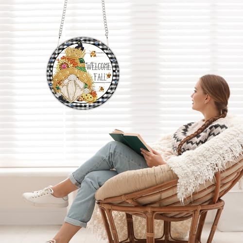 Image of AiYuanzsh Welcome Fall Diamond Painting Hanging Kit, DIY Gnome Crystal Acrylic Pendant Ornament, 5D Diamond Art Hanging for Adults, Autumn Thanksgiving Wall, Window, Door Decoration