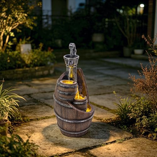 Image of Vintage Pump Barrel Outdoor Water Fountain, Resin & LED, 21.7 in