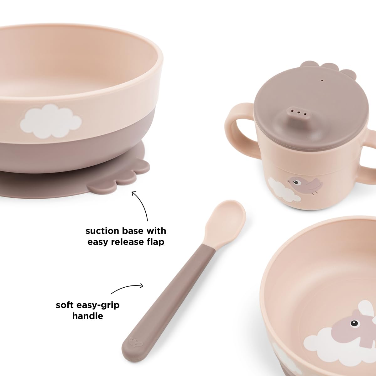 Done by Deer Foodie first meal Geschirr-Set Happy clouds Rosa - Praktische kindergeschirr - baby löffel, Schüssel mit saugnapf und Trinkbecher, 100% PP in Lebensmittelqualität mit rutschfestem TPE