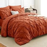 HIMEET King Size Comforter Set Burnt Orange - 7 Pieces Pintuck Bed in a Bag, Pinch Pleat Modern Room Decor, All-Season Soft Bedding Gift with Comforter, Sheets, Pillowcases & Shams