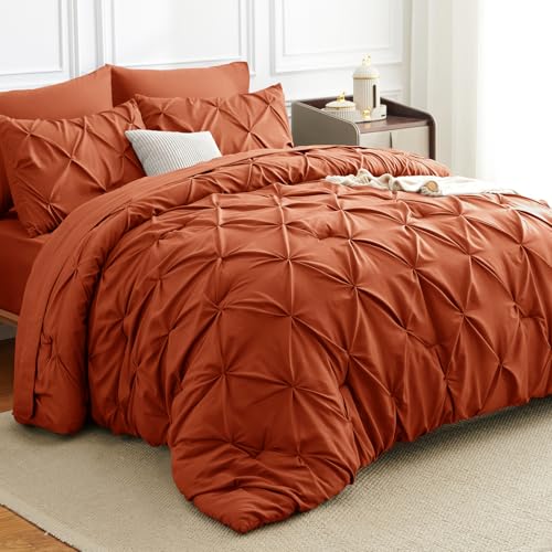 CozyLux Full Size Comforter Sets Burnt Orange, 7 Pieces Pintuck Bed in A Bag Terracotta Comforter Full Size, Pinch Pleat Bedding Sets with All Season Comforter, Sheets, Pillowcases & Shams