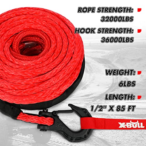 X-Bull Synthetic Winch Rope - Cable Kit -1/2" X 85Ft 32000Lbs Winch Line With Protective Sleeve Forged Winch Hook Safety Pull Strap Go For 4Wd Off Road Vehicle Truck Suv Atv Utv-Red #TOP1