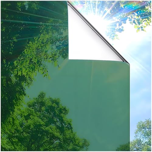 Image of Coavas One Way Privacy Window Film, Sun Blocking Reflective Window Film See Out Not in, Heat Control Window Tint for Home, Anti UV Static Cling for Windows Office Door (Green, 23.6 Inch X 6.5 Feet)