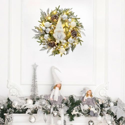 GarveeHome Pre-lit Christmas Wreath for Front Door, 22" Large Lighted Christmas Gnome Wreath, Winter Wreath with Silver White Xmas Balls 30 Lights and Timer for Indoor Outdoor Holiday Decorations