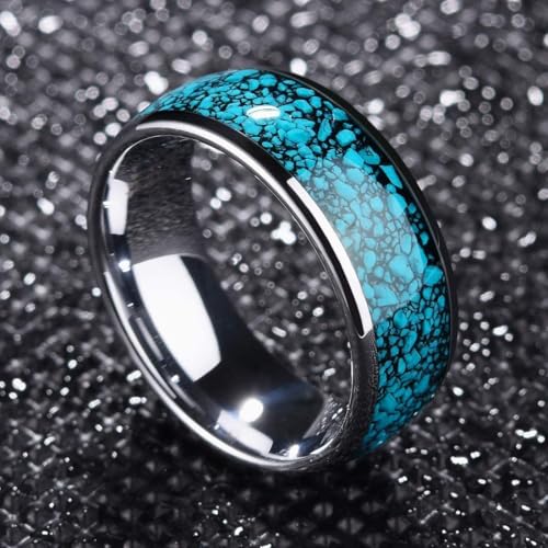(8mm) Unisex or Men's Tungsten Carbide Wedding Ring Band. Domed Silver Tone Ring with Blue Turquoise Granules Inlay. One Year Warranty Included.3