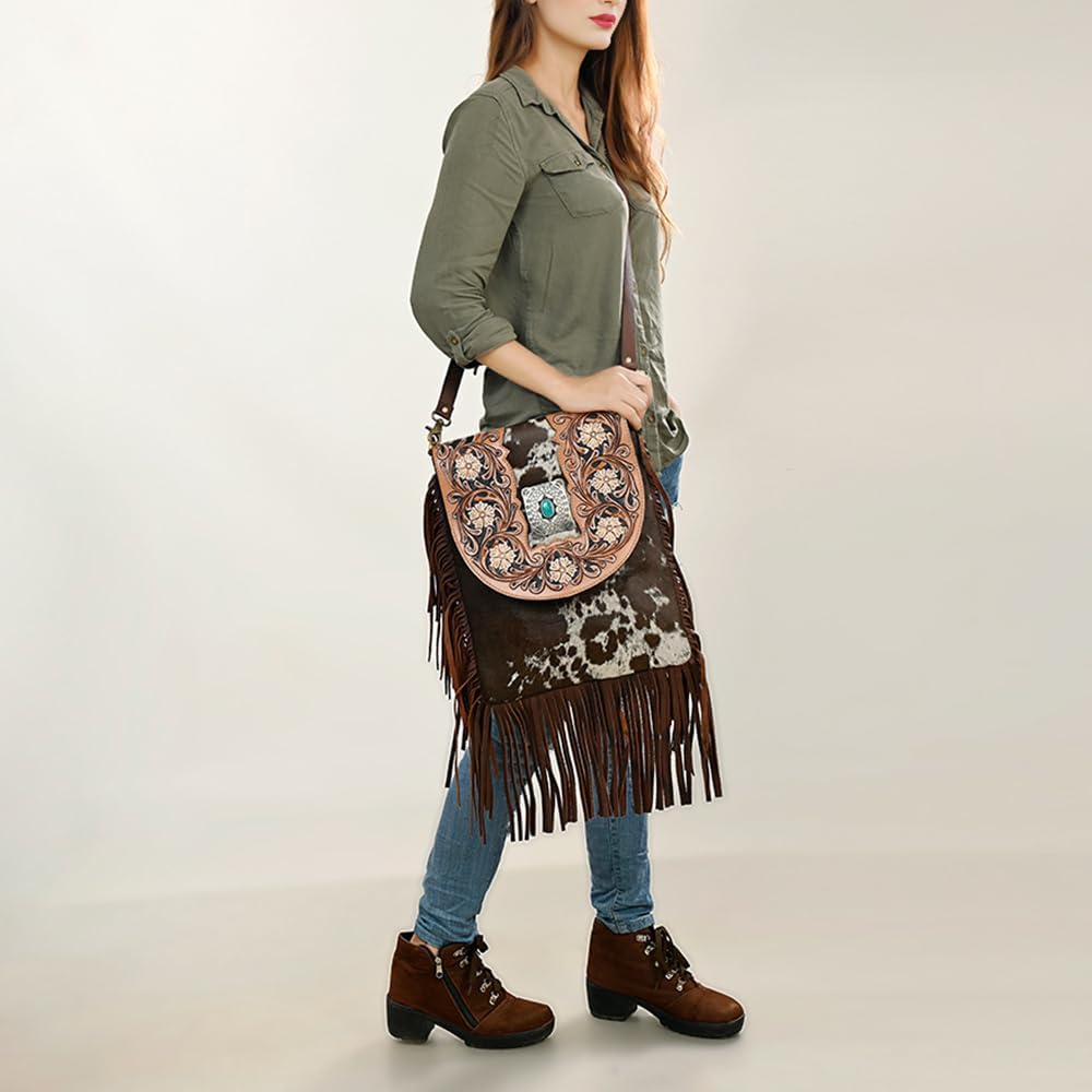 American Darling Messenger Hand Tooled Hair on-Genuine Leather Western Women Bag Handbag Purse | Crossbody for Cute
