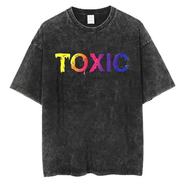 Image of boffi ... 100% Cotton Oversized T-Shirt Toxic Print Unisex Drop Shoulder Dye Washed Street Look Black Pack of 1