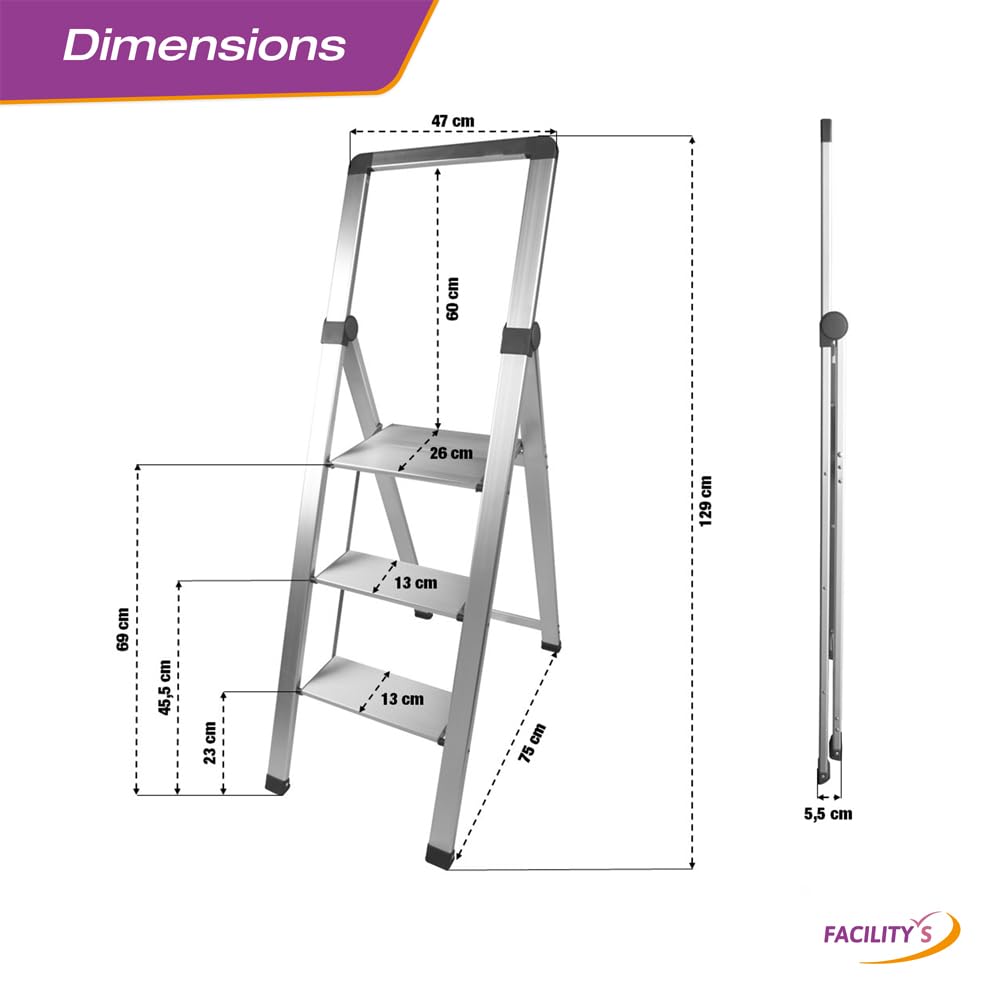 FACILITYS - Escabeau 3 Marches, Pliable en Aluminium, Ultra Compact 5,5 cm - Marche Pied Pliable, Léger 5,3 kg et Robuste, Charge 150 kg - Plateforme Antidérapante, 3ème Hauteur à 70 cm