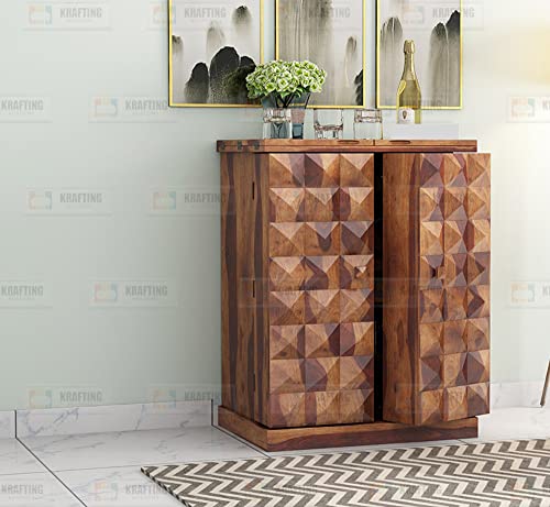 Image of Wood Bar Cabinet for Home | Home Bar Furniture || Wooden Bar Cabinet with Storage || Bar Units || Bar Cabinet for Living Room || Wine Rack with Drawer & Glass Holder || Natural Finish