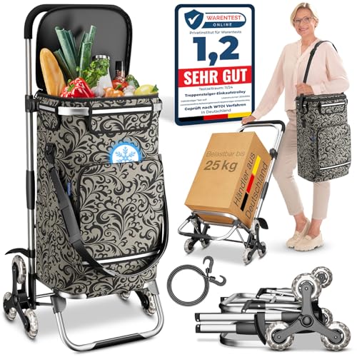 ELONEO Einkaufstrolley Treppensteiger mit Kühlfach, Einkaufsroller klappbar, Shopping Trolley höhenverstellbar, Reflektoren, abnehmbare Tasche 43 L, Hackenporsche (Treppensteiger-Trolley, Taupe)