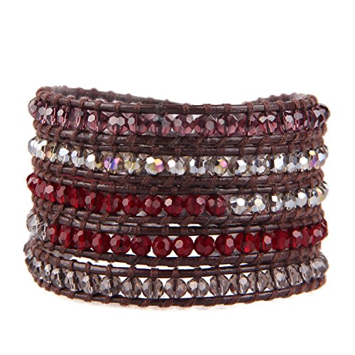 KELITCH Fashion Color Crystal Mix Beaded 5 Wrap Bracelet On Natural Leather Handmade New Women Jewelry (Red Crystal)