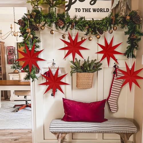 Image of 5 PCS 12 Inch Red Paper Star Lanterns - Modern Hanging Ornaments for Christmas & Home Decor