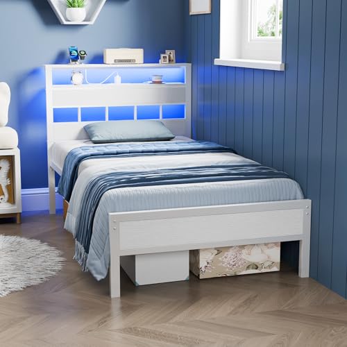 Image of Furnulem Twin Bed Frames with Charging Station and LED Lights, Twin Size Platform Bed with Metal Slats, Wood Headboard with 2-Tier Storage Shelves, No Box Spring Needed, White