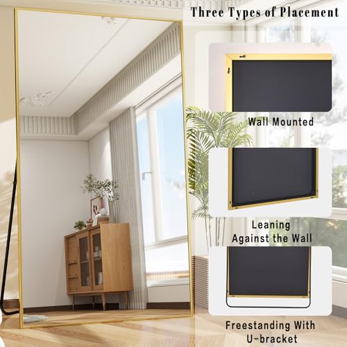 Image of BEAUTYPEAK 77 inchx38 inch Rectangle Full Body Floor Mirrors, Full Length Mirror Hanging or Leaning, Aluminum Alloy Frame Wall Mirror for Bedroom, Dressing Room, Gold