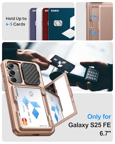 Image of for Samsung Galaxy S25 FE Case with Card Holder & Camera Lens Cover Stand, Military Grade Drop Protection Shockproof Rugged Stand Wallet Protective Phone Case for S25 FE 2025, Rose Gold