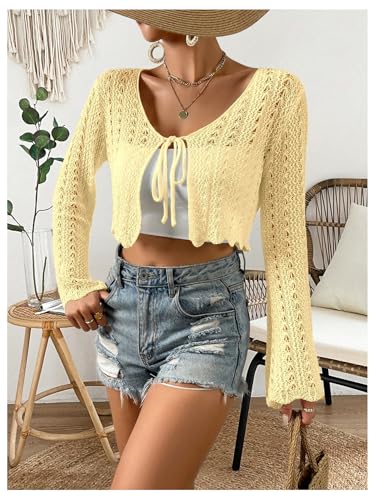Image of Verdusa Women's Tie Front Crop Cardigan Bell Long Sleeve Scalloped Lightweight Knit Tops Summer Beach Cover Up