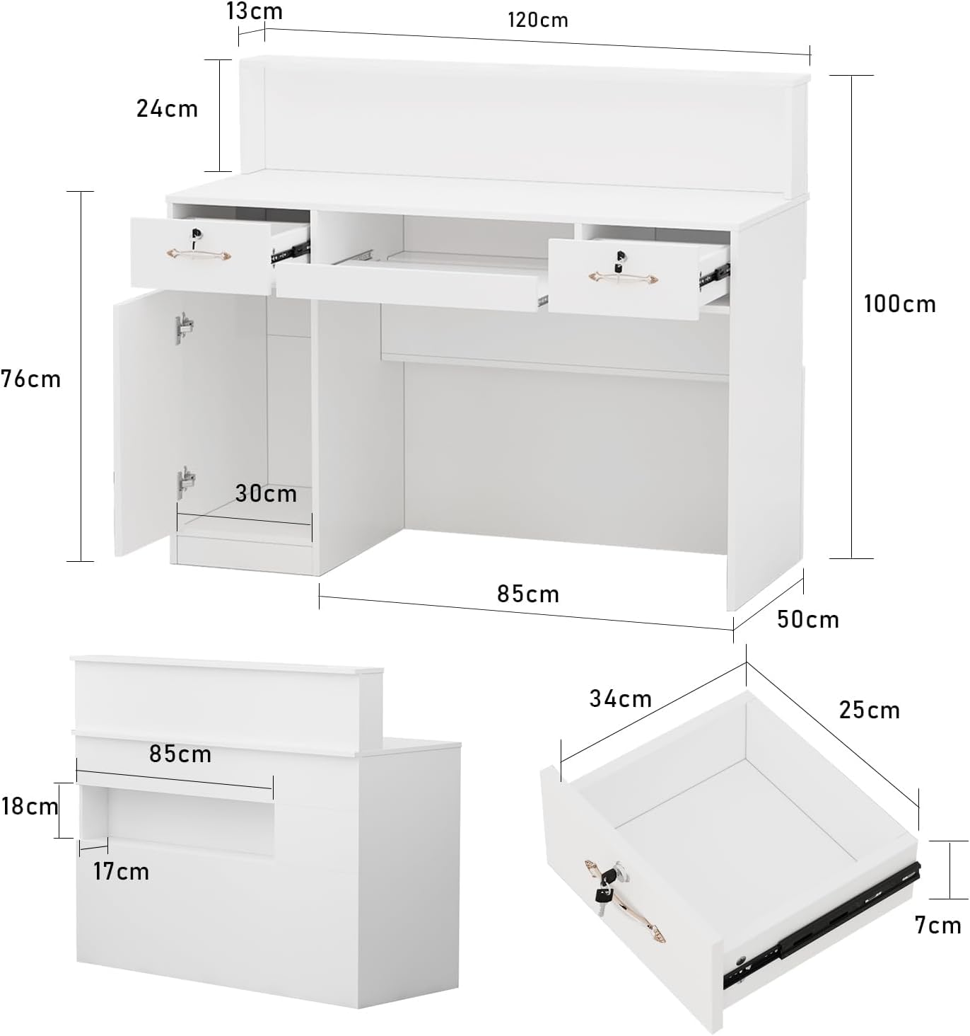 Empfangstheke,Begrüßungstheke mit LED-Lichtern,Rezeptionstheke mit 2 Schubladen,Empfangstisch mit Tür+Tastaturschublade,abschließbar,für Cafe,Tierkliniken,Restaurant,120x50x100cm,weiß